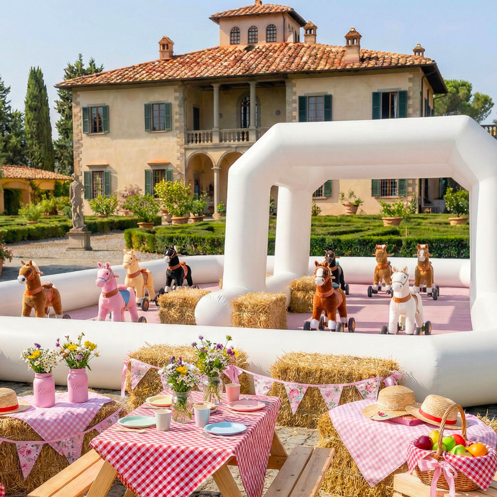 Pista gonfiabile bianca in PVC con cavallini a rotelle per bimbi 3 6 anni. Area gioco sicura elegante e perfetta per eventi privati e feste esclusive